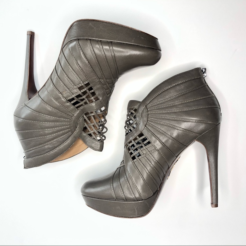 Elie Tahari Bria Gray Bootie Heel Laticed Web 8.5
